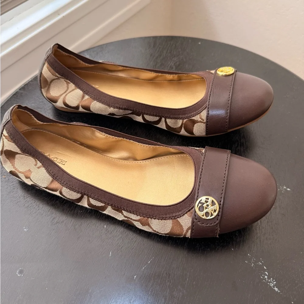 Coach Signature Brown Logo Ballet Flats Leather Cap Toe Women’s 8.5 B - Picture 2 of 8